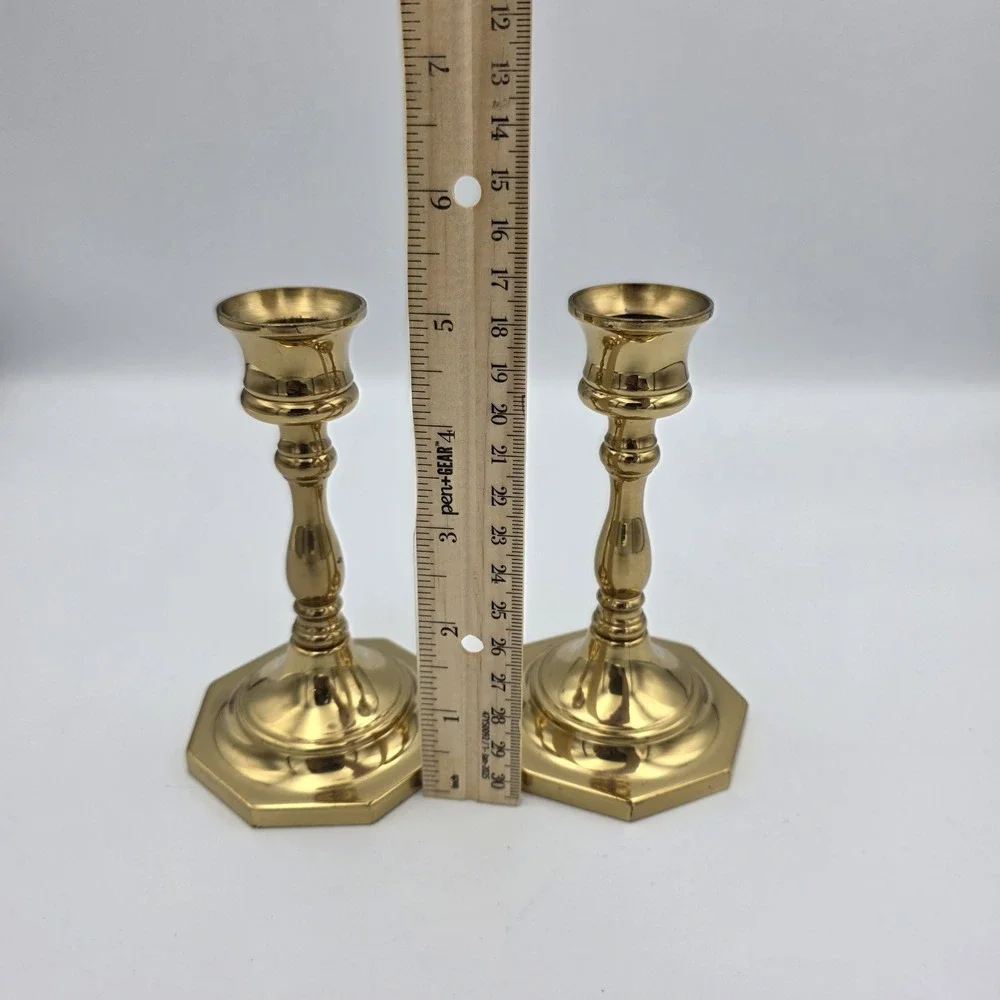 Vintage Octagon Base Pair Of Candlesticks  Polished Brass 5